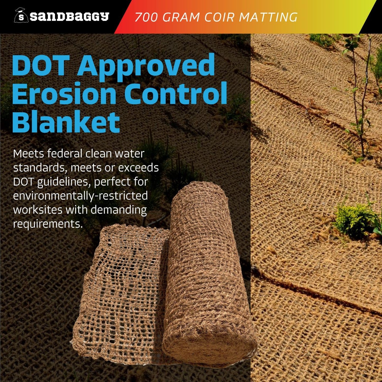 Sandbaggy 700 Gram Coir Matting Roll - Erosion Control Netting (100% Biodegradable) - Soil/Slope Stabilization - Made from All Natural Coconut Fibers (4 ft x 164 ft, 1, Count)