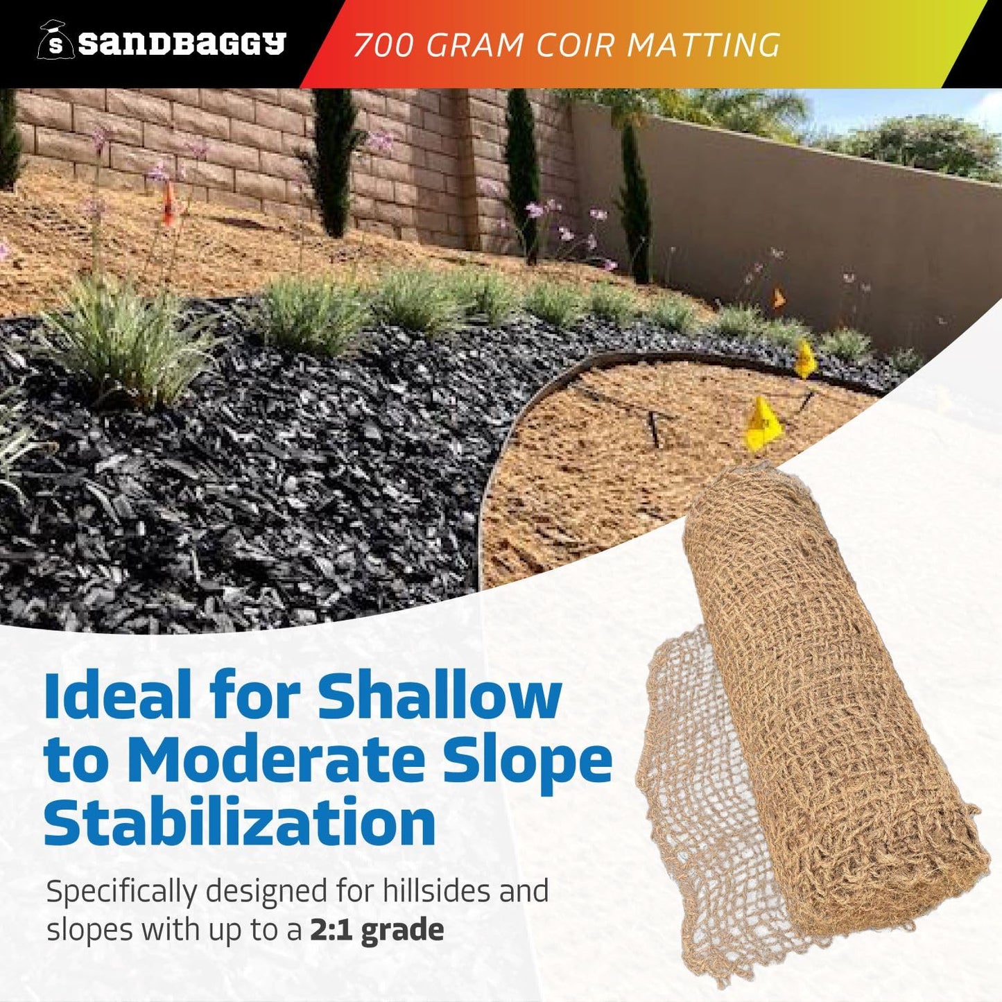 Sandbaggy 700 Gram Coir Matting Roll - Erosion Control Netting (100% Biodegradable) - Soil/Slope Stabilization - Made from All Natural Coconut Fibers (4 ft x 164 ft, 1, Count)