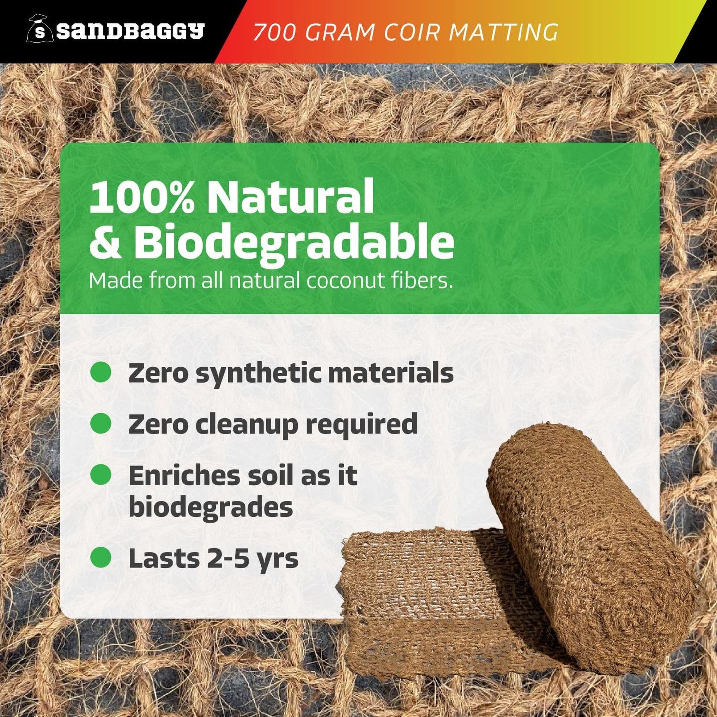 Sandbaggy 700 Gram Coir Matting Roll - Erosion Control Netting (100% Biodegradable) - Soil/Slope Stabilization - Made from All Natural Coconut Fibers (4 ft x 164 ft, 1, Count)