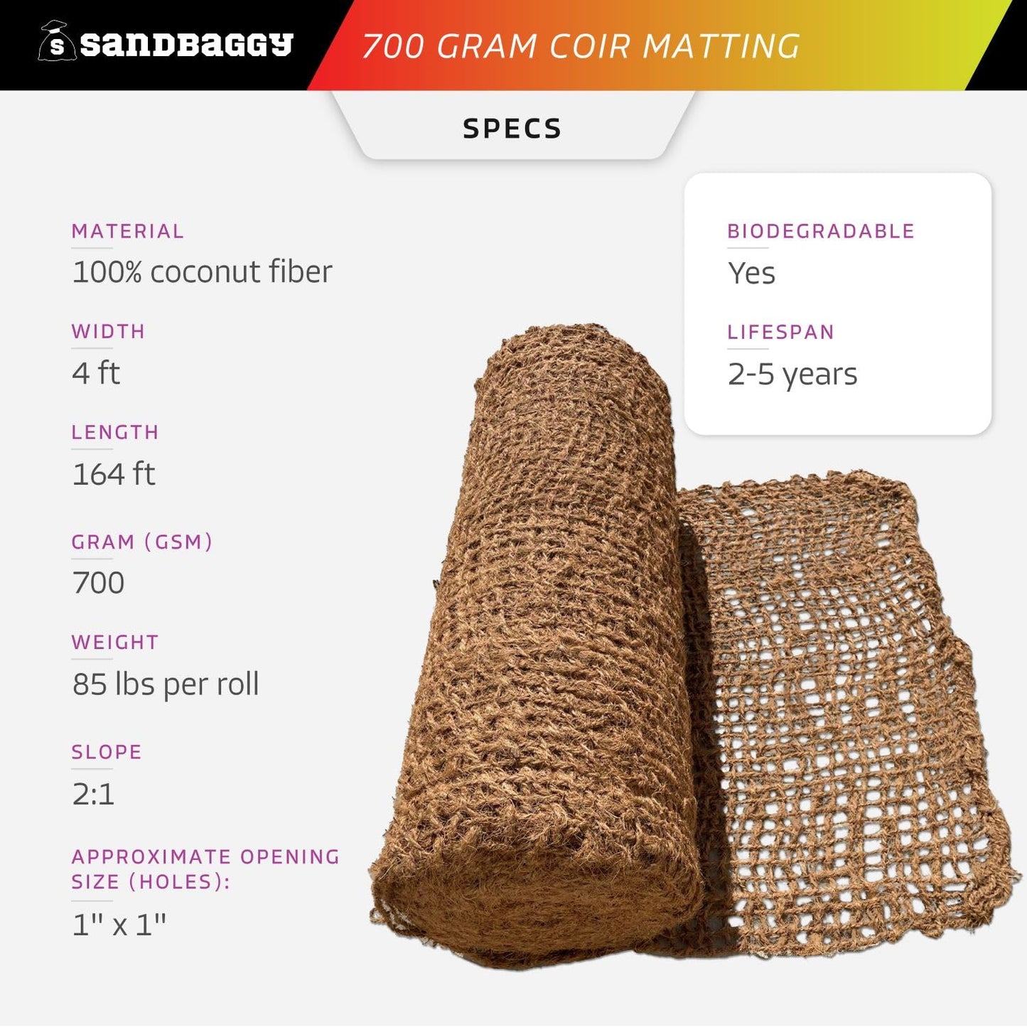 Sandbaggy 700 Gram Coir Matting Roll - Erosion Control Netting (100% Biodegradable) - Soil/Slope Stabilization - Made from All Natural Coconut Fibers (4 ft x 164 ft, 1, Count)