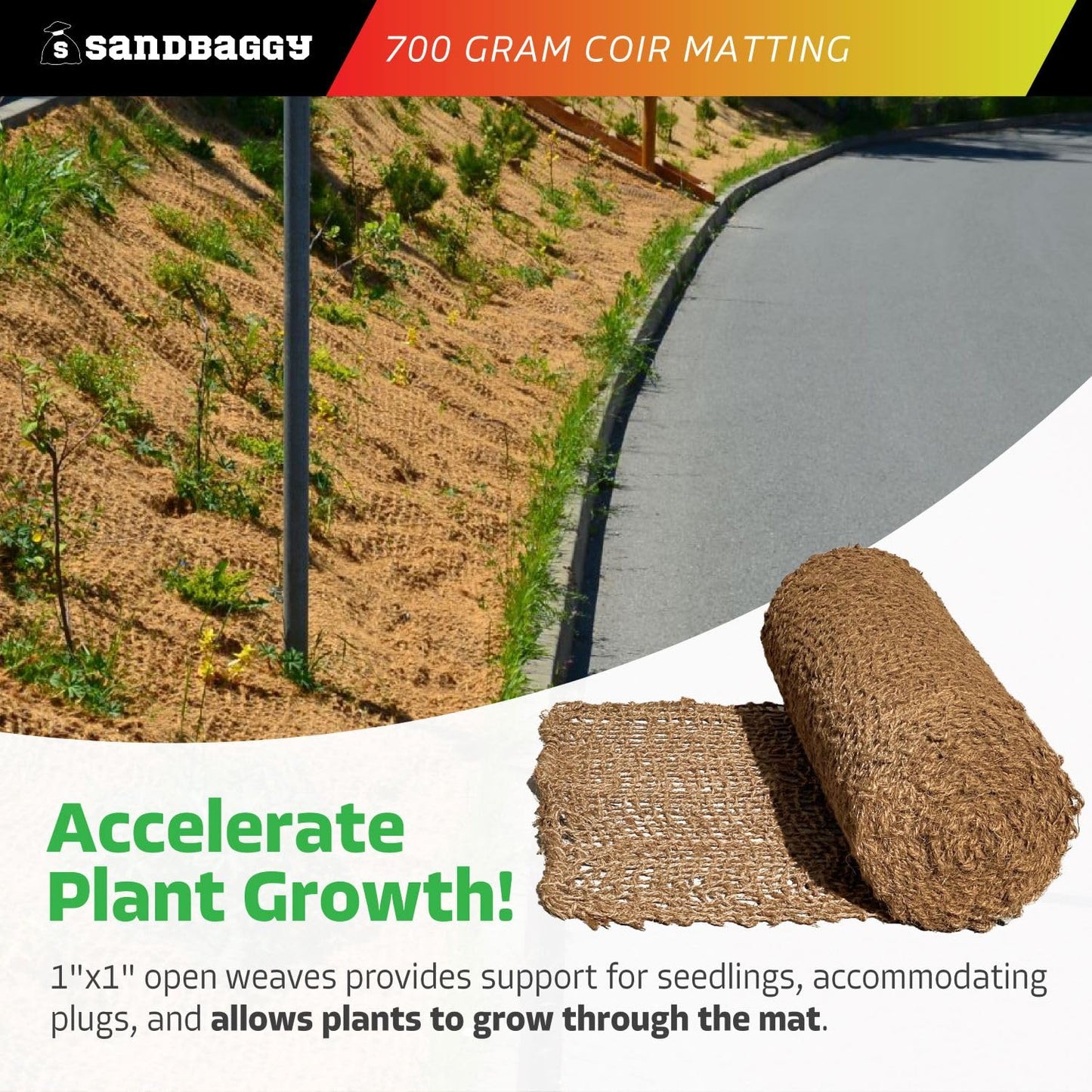 Sandbaggy 700 Gram Coir Matting Roll - Erosion Control Netting (100% Biodegradable) - Soil/Slope Stabilization - Made from All Natural Coconut Fibers (4 ft x 164 ft, 1, Count)