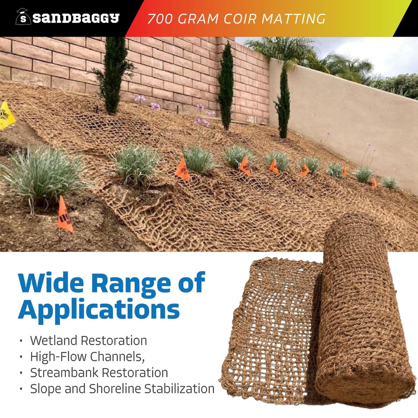 Sandbaggy 700 Gram Coir Matting Roll - Erosion Control Netting (100% Biodegradable) - Soil/Slope Stabilization - Made from All Natural Coconut Fibers (4 ft x 164 ft, 1, Count)